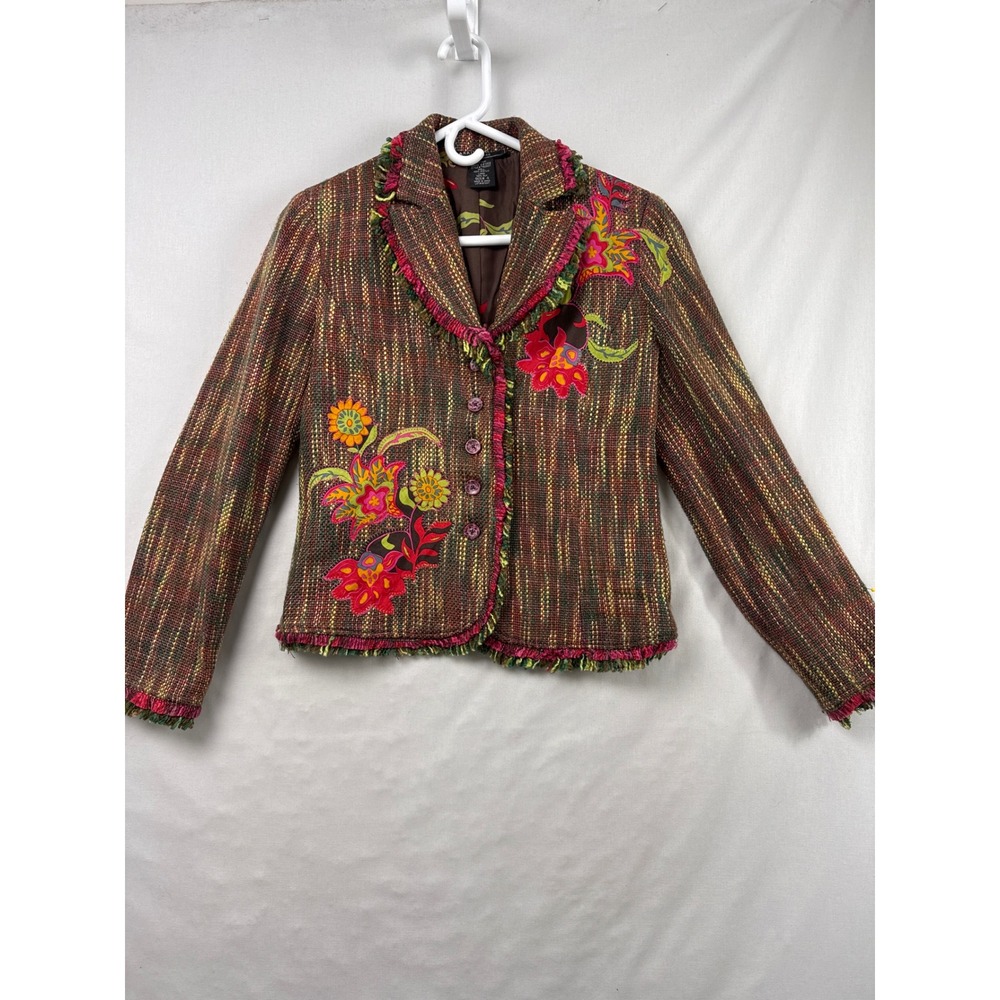 Harris Wallace Blazer Women 4 Multi Color Tweed Floral Fringe Silk Lined Jacket